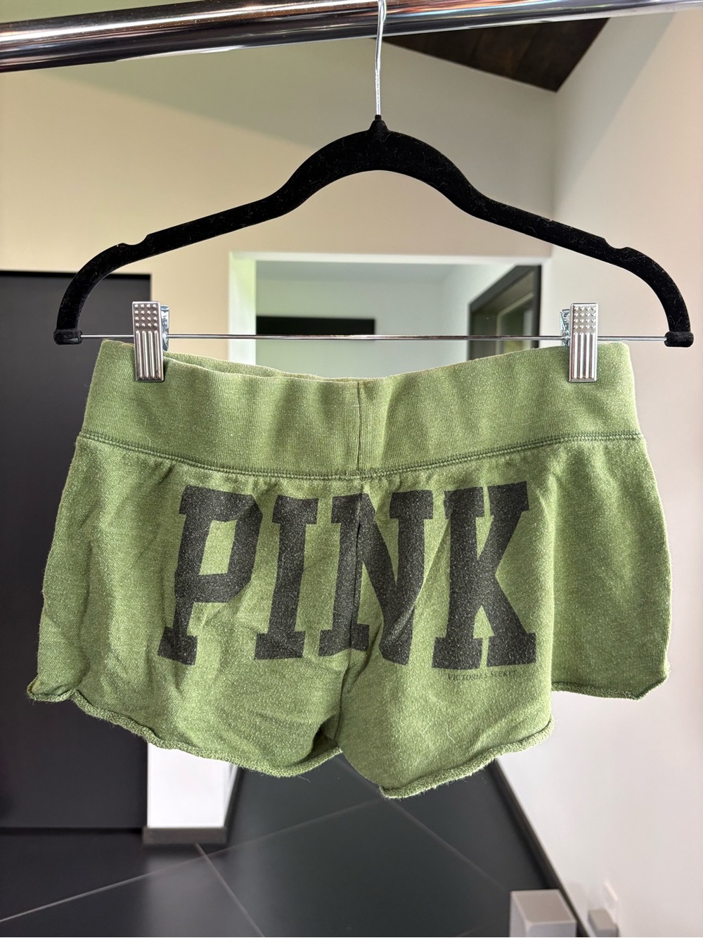 Vintage PINK Victoria's Secret Olive Green Terry Drawstring Shorts